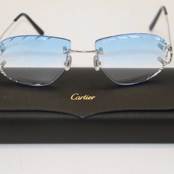 Cartier CT00920 002 Diamond Cut Silver-Framed Blue Lens Sunglasses 19 - Picture 2 of 15